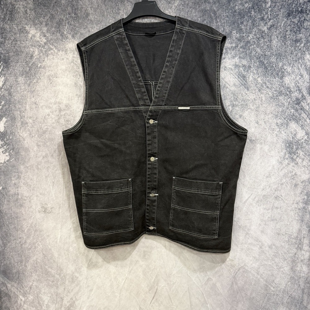 Sunrider Men's Black Denim Utility Vest Button Front Workwear Pockets Western